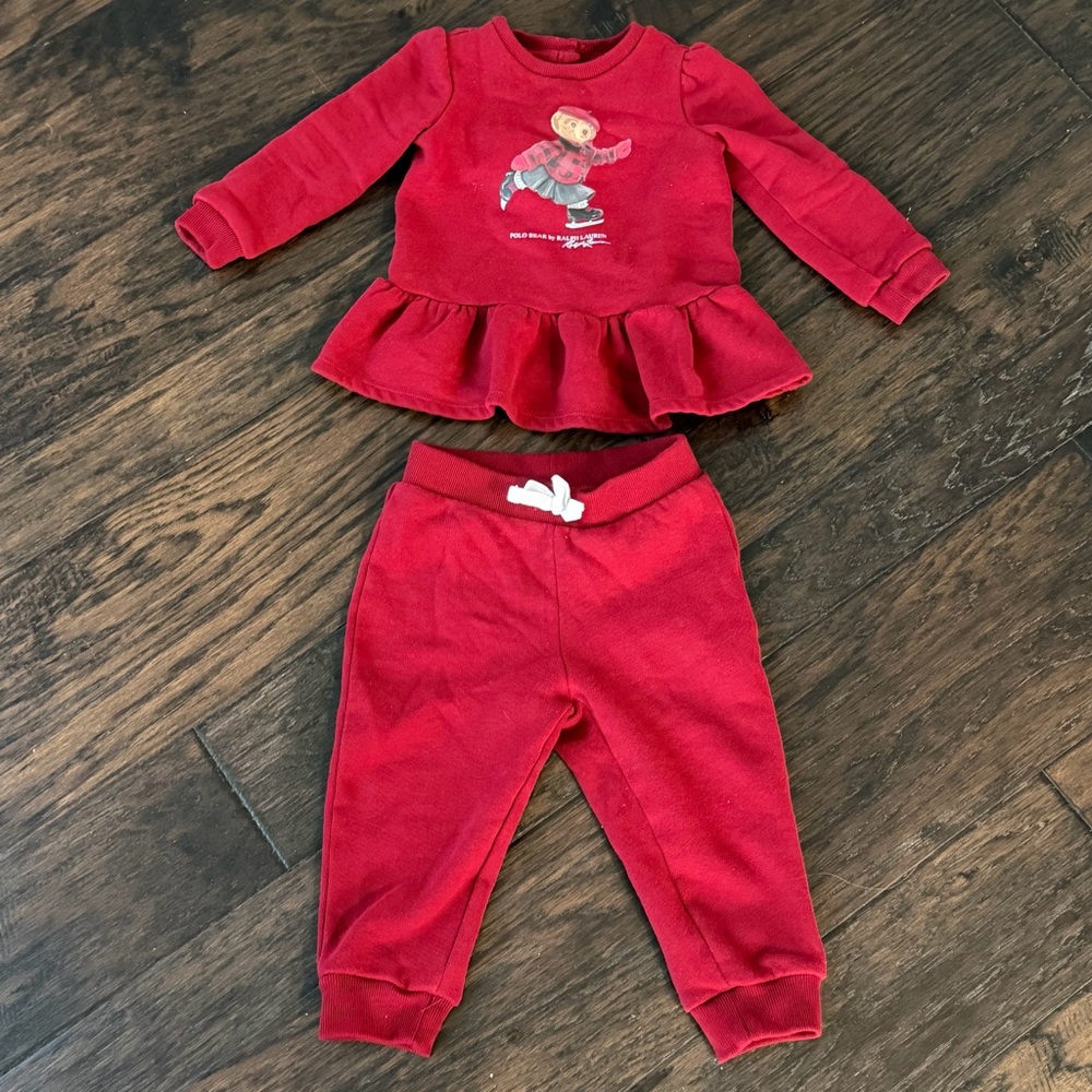 Ralph Lauren bear Baby ice skating fleece Outfit with peplum Top and Pants